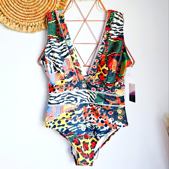 Averie, New Harlow Tropical Animal Print Deep Plunge One Piece Swimsuit SZ XL - Picture 2 of 9